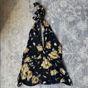 Anthropologie Black and Gold Floral Halter Top